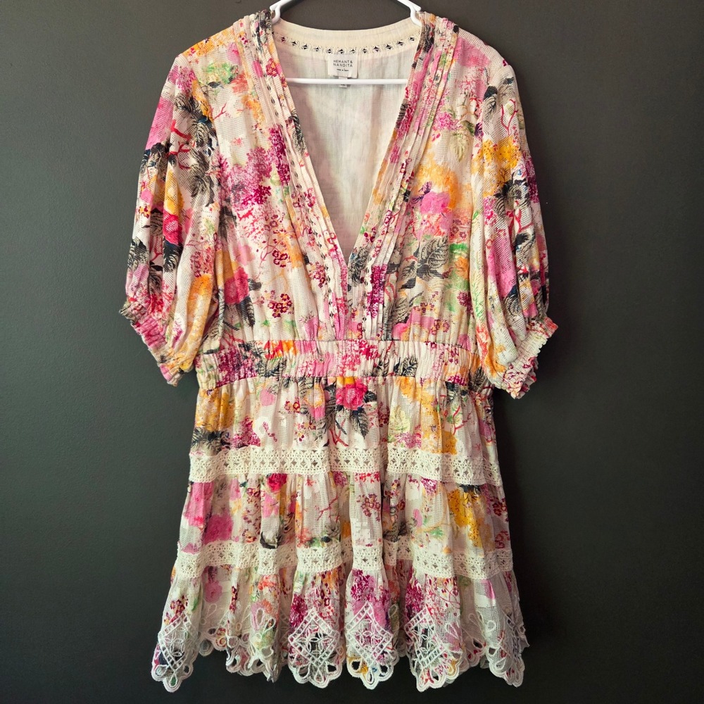 Hemant and Nandita Floral Mini Dress XXL Pink Orange Boho Lace Eyelet V-Neck